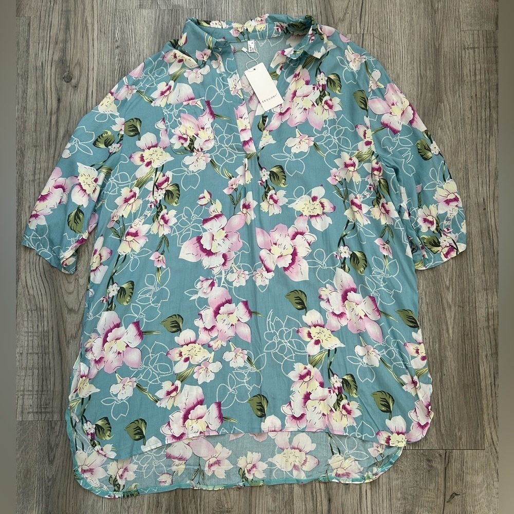 Ekouaer Floral Blue Women's‎ Top Sz XL